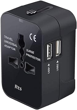 rts USB Universal Travel Adapter, International All in One Worldwide Travel Adapter and Wall Charger Travel Accessories with Multi Type Power Outlet USB 2.1A, 100-250 Voltage Travel Charger (Black)